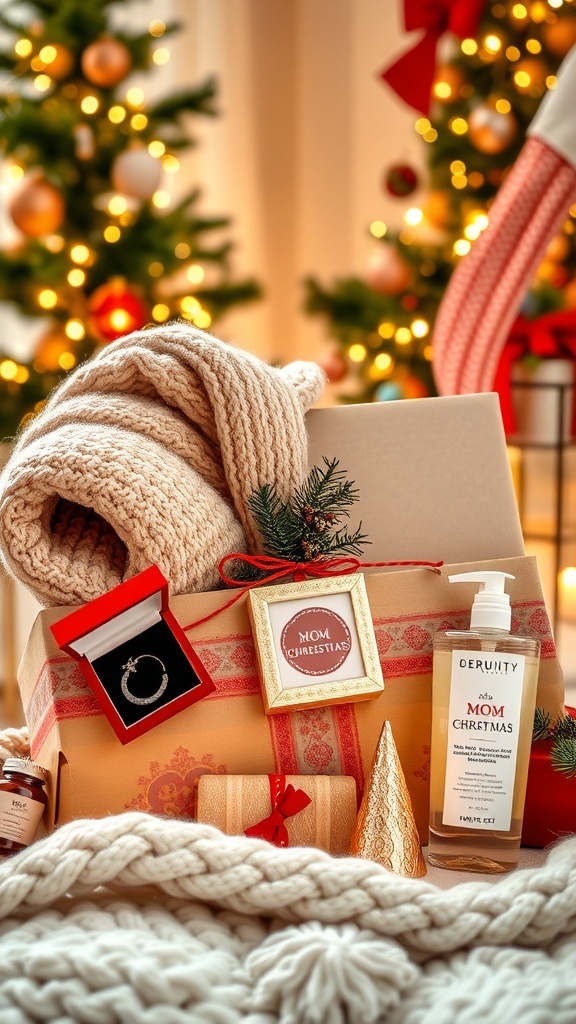 Thoughtful Christmas Gift Ideas for Mom A collection of Christmas gifts for mom, including a cozy blanket, jewelry, and spa items, arranged in a festive setting.